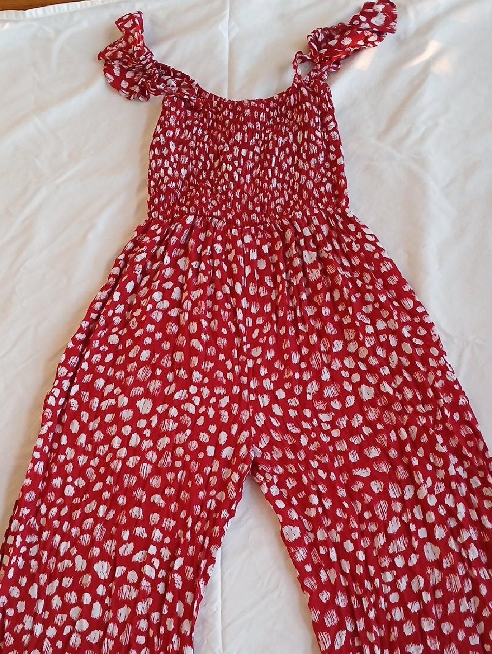 Red Smocked Jumpsuit with White Dot Print